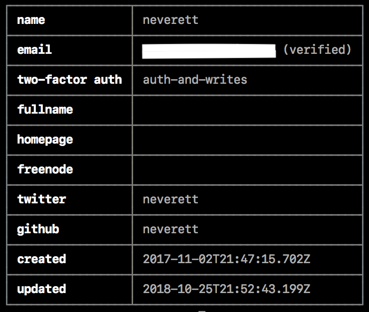 Screenshot of command-line interface profile settings table