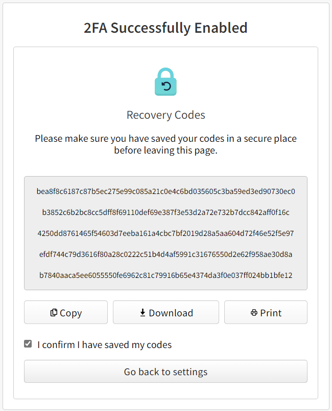 Screenshot showing the Recovery Code page