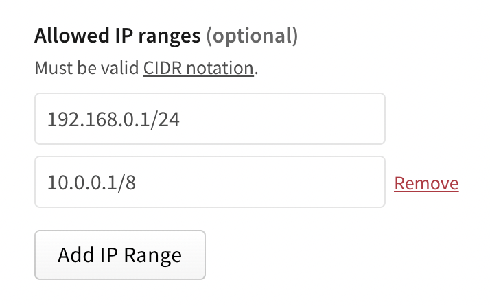 Screenshot of the allowed IP ranges section