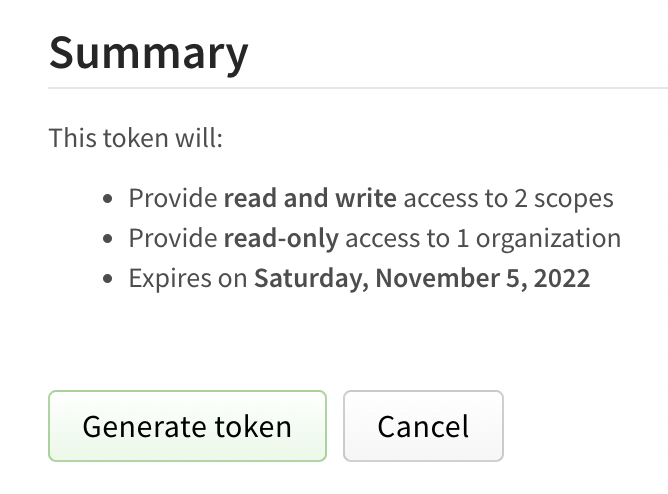 Screenshot of the granular access token summary and the generate token button
