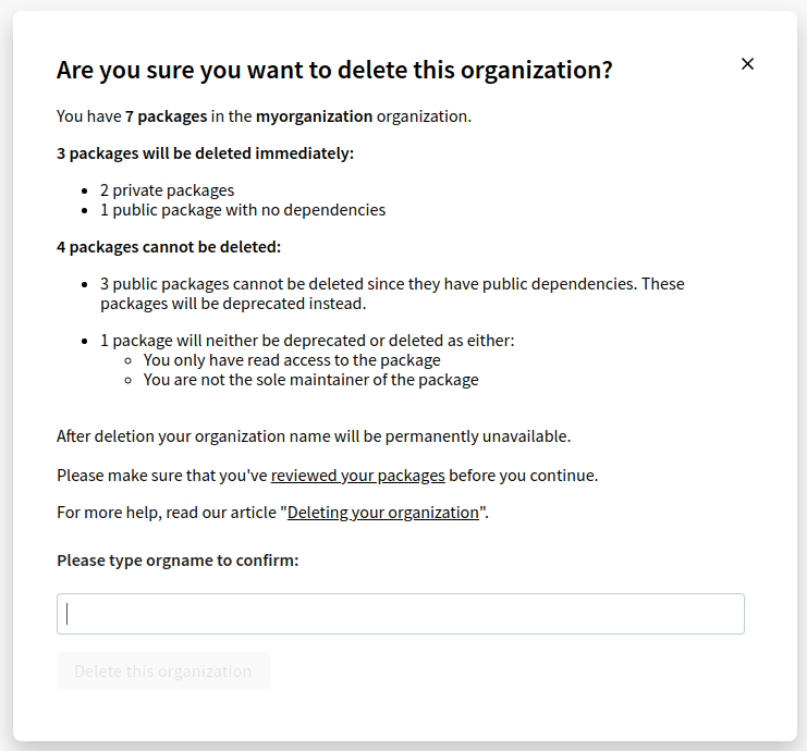 Screenshot of org delete plan