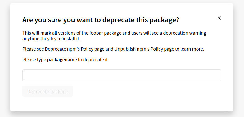 Screenshot showing the deprecate package confirmation