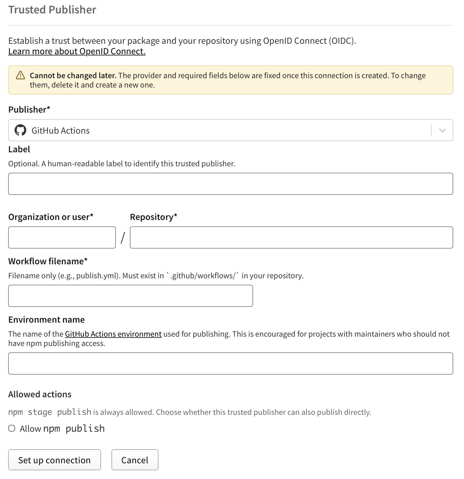 Screenshot of GitHub Actions multiple trusted publisher configuration form
