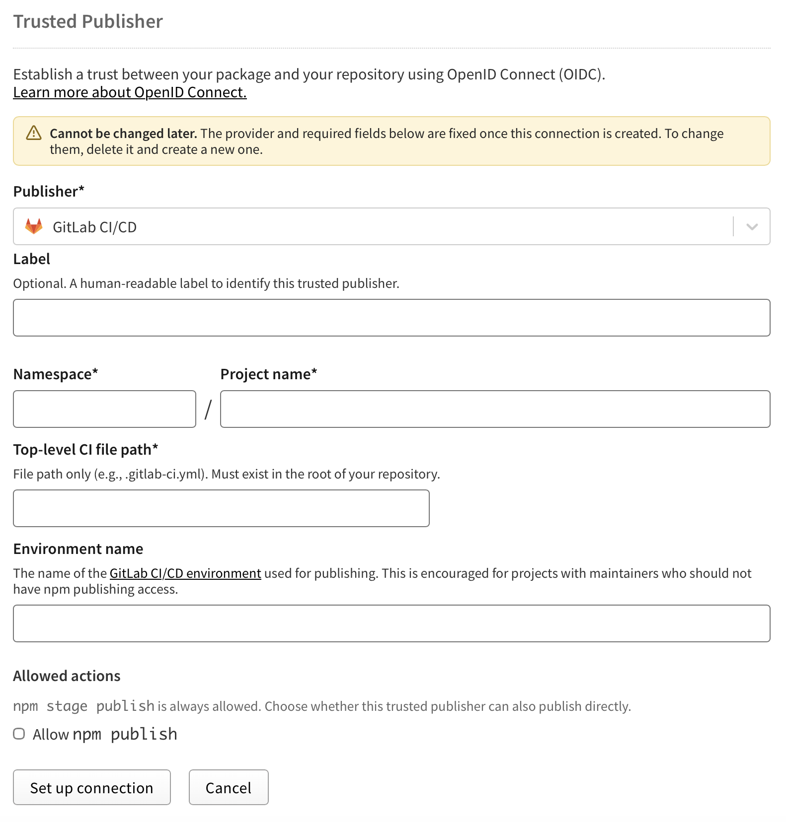 Screenshot of GitLab CI/CD multiple trusted publisher configuration form
