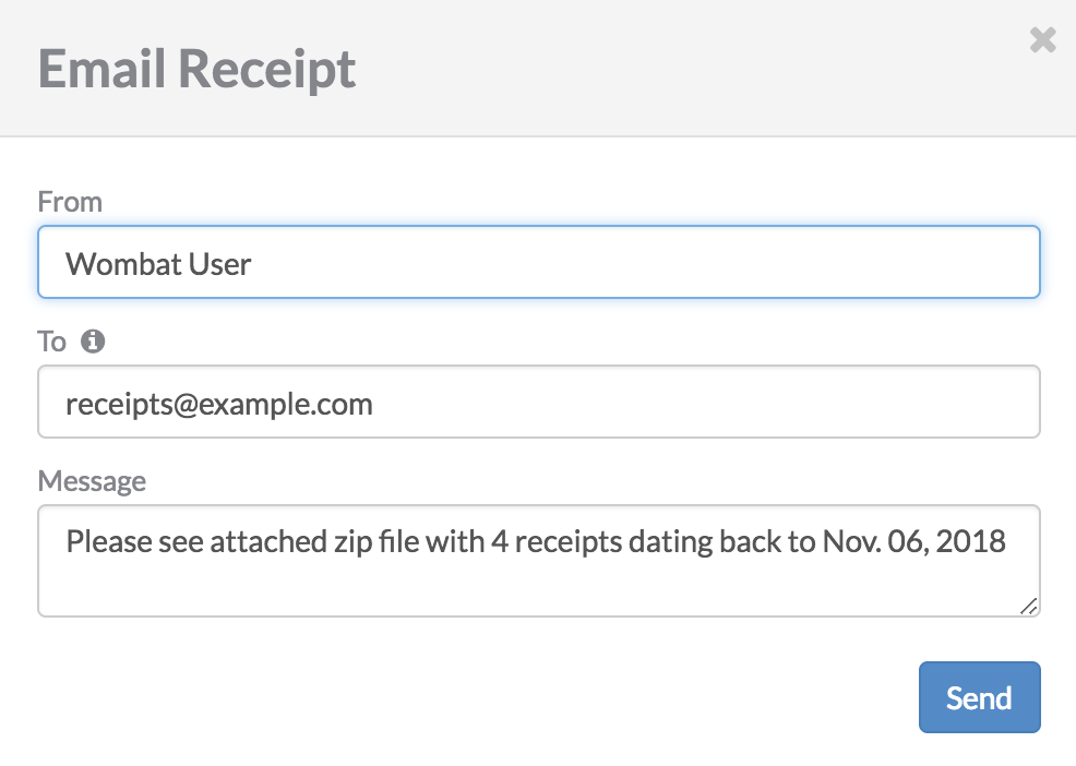 Screenshot of the email receipt dialog