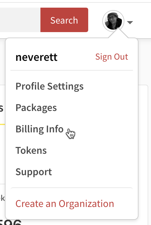 Screenshot of billing info selection in user menu